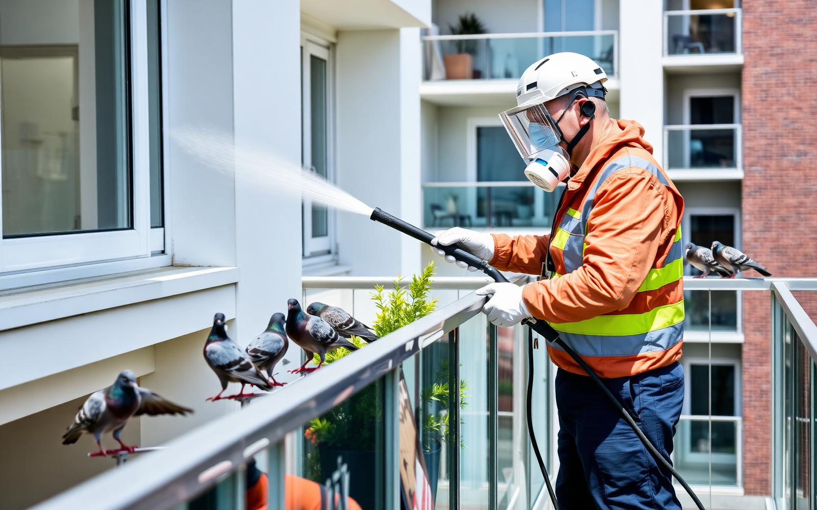 Monteur reinigt balkon met duivenpoep en plaatst vogelwering